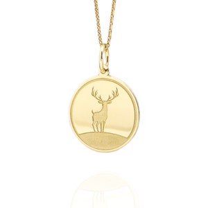 9K Solid Gold Deer Pendant, Personalized Wild Animal Necklace, Engraved Deer Jewelry, Gold Disc Wild Deer Charm, Wild Life Pendant