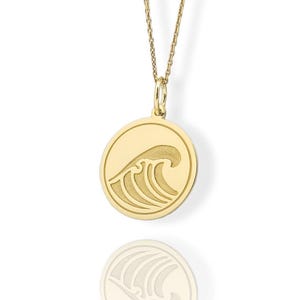 14K echt massief gouden Wave-hanger, gouden Ocean Wave-muntketting, gepersonaliseerde Ocean Wave-sieraden, gegraveerde Beach Wave Disc-ketting