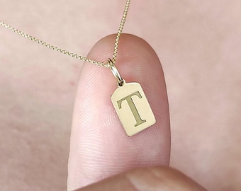 14K Solid Gold Initial Necklace: Engraved Letter Pendant
