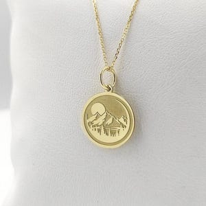 Gold Plated Nature Necklace, Moon And Mountain Pendant, Personalized Mountain Disc Jewelry, Full Moon Charm, Silver Mountain Moon Necklace