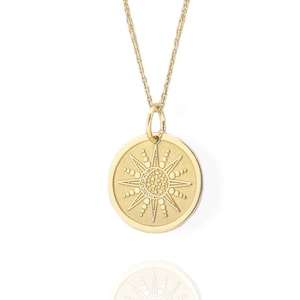 14K Solid Gold Sun Pendant Necklace: Engraved Celestial Jewelry