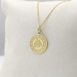 Engraved Viking Necklace, Gold Disc Valknut Pendant, 14K Solid Gold Norse Jewelry, Pagan Necklace, Slavic Pendant, Ancient Gold Pendant