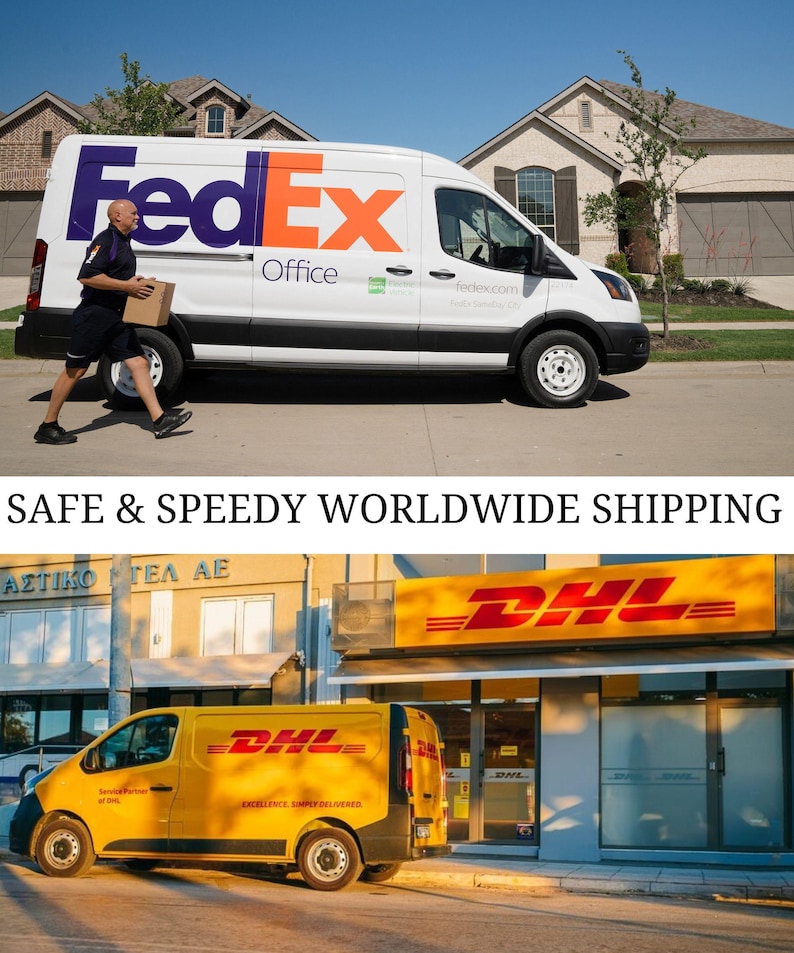 two pictures of a fedex truck and a man with a shopping bag
