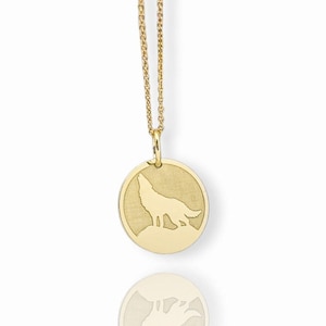 14K Solid Gold Wolf Necklace, Gold Howling Wolf Pendant, Engraved Wolf Jewelry, Personalized Animal Necklace, Wolf Charm, Wild Life Pendant