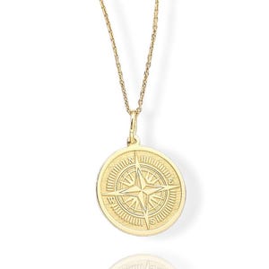14K Solid Gold Compass Necklace: North Star Pendant, Traveler Gift