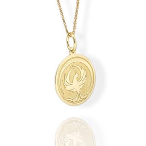 14K Real Solid Gold Phoenix Bird Pendant, Gold Phoenix Coin Necklace, Engraved Rising Phoenix Disc Charm, Personalized Mythology Jewelry