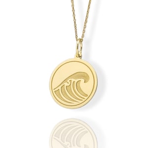 14K massief gouden oceaangolfketting, gegraveerde golfhanger, gepersonaliseerde golfsieraden, gouden ronde oceaangolfketting, strandgolfbedel