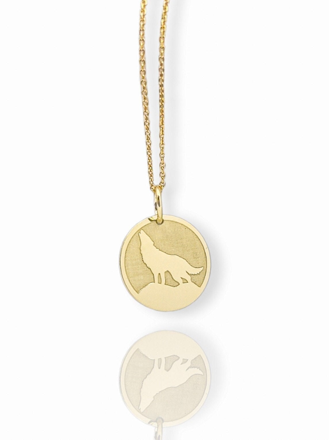 14K Solid Gold Wolf Necklace, Gold Howling Wolf Pendant, Engraved Wolf
