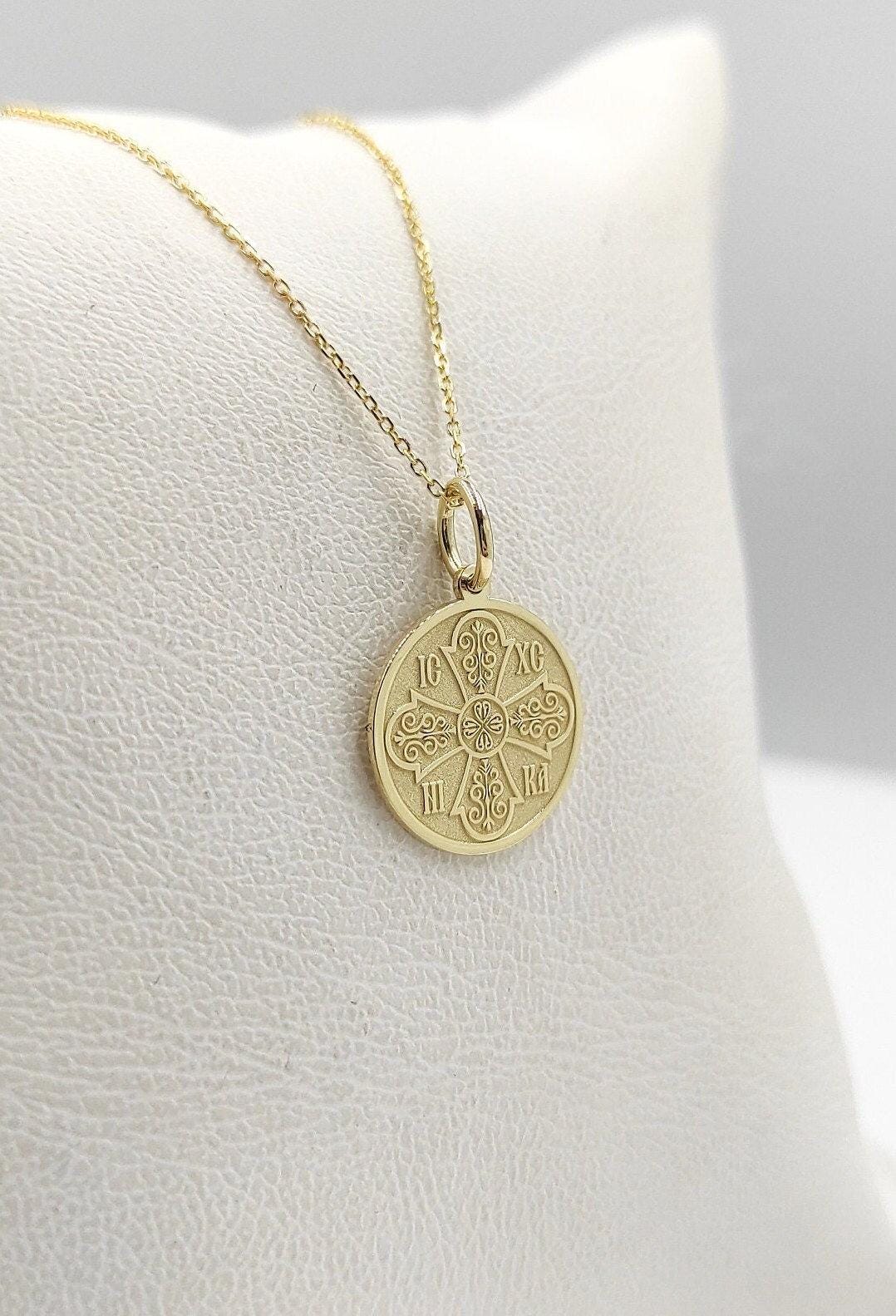 14K Solid Gold IC XC NIKA Cross Necklace, Personalized Cross For Protection Pendant, Greek Orthodox Jewelry, Constantine Coin Necklace