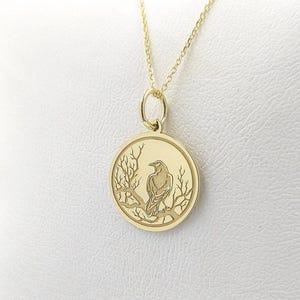 Gold Plated Raven Necklace, Crow Bird Pendant, Personalized Bird Jewelry, Crow Disc Charm, Raven Bird Pendant, Sterling Silver Necklace