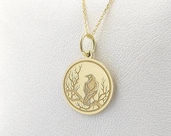 14K Solid Gold Raven Necklace, Crow Bird Pendant, Personalized Bird Jewelry, Crow Disc Charm, Engraved Raven Bird Pendant, Dainty Necklace