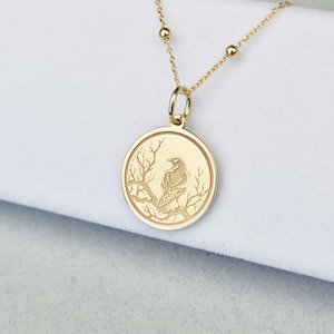 14K Solid Gold Raven Pendant, Gold Sattelite Necklace, Personalized Bird Jewelry, Crow Charm, Raven Disc Pendant, Engraved Bird Necklace