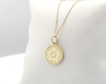 14K Solid Gold Luther Rose Necklace, Gold Christian Coin Pendant, Personalized Religious Jewelry, Lutheran Charm, Luther Seal Pendant