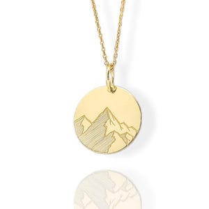 14K Real Solid Gold Mountain Jewelry, Dainty Nature Mountains Coin Pendant, Personalized Mountain Disc Charm, 14K Gold Nature Necklace