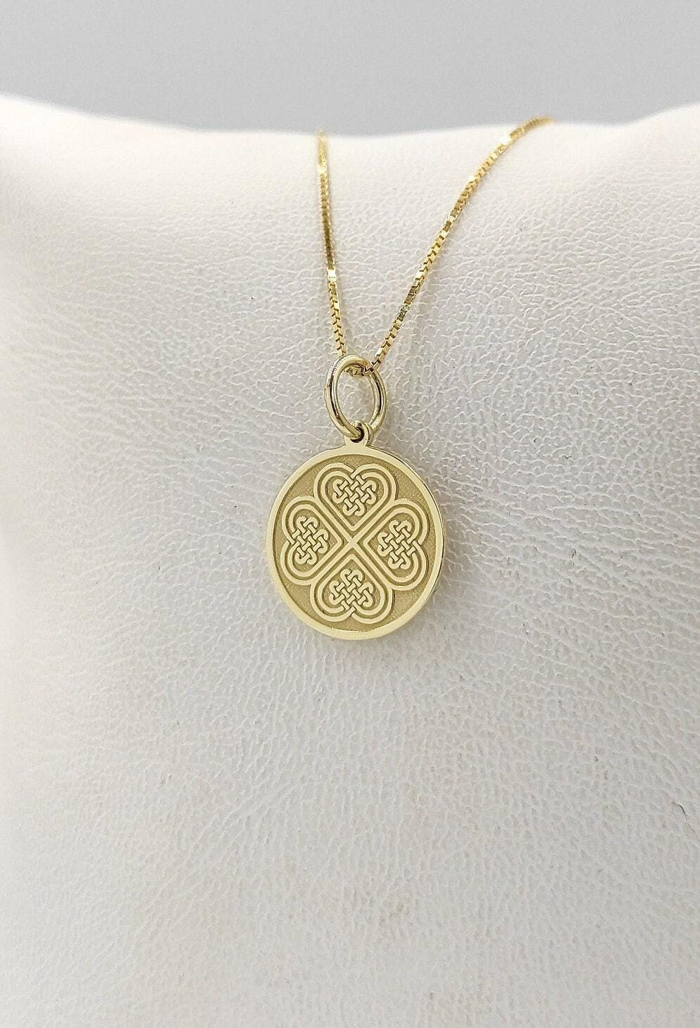 14K Solid Gold Celtic Knot Necklace, Personalized Four Leaf Clover Pendant, Celtic Four Leaf Clover Disc Jewelry, Celtic Knot Symbol Charm