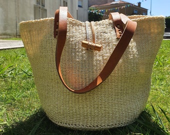 Woven Sisal Kiondo Tote, Leather Handles, Kenyan Beach Bag