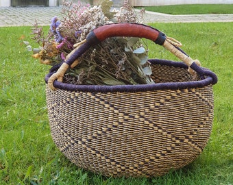 Round Bolga Basket, Handwoven in Ghana - Brown Leather Handle - Storage Market Basket, sturdy Round Baskets