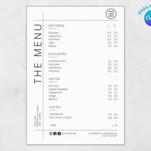 Modelo de menu de café / Menu de cafeteria minimalista / Cartão de menu para impressão / Menu de lista de preços de café / Menu de chá / Modelo digital editável
