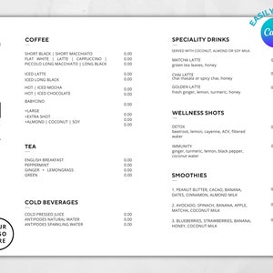 Plantilla de menú de cafetería minimalista / Plantilla de menú moderno editable / Tarjeta de menú de restaurante imprimible / Menú simple / Lista de precios