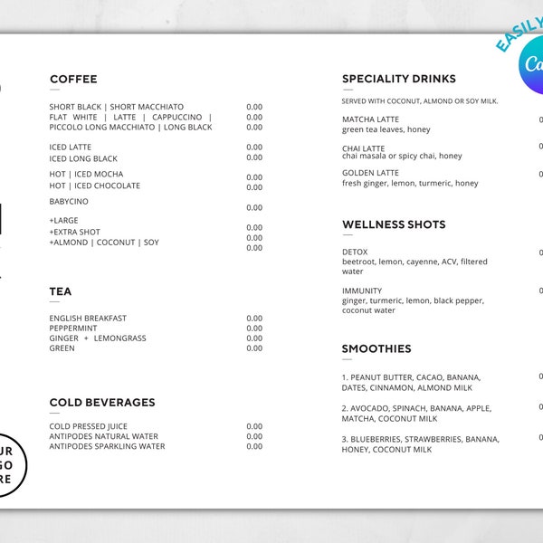 Minimalist Cafe Menu Template / Editable Modern Menu Template / Printable Restaurant Menu Card / Simple Menu / Price list