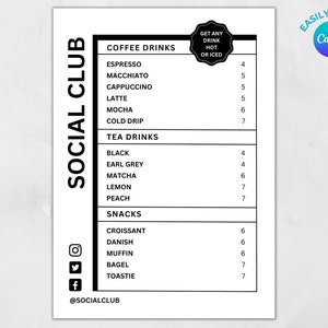 Modelo de menu de bebidas da moda / Menu de bebidas retrô / Modelo de menu de café / Modelo de menu de lanches / Menu de bar / Modelo de menu digital para impressão A5