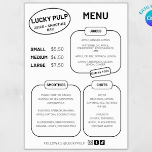 Modelo de menu de barra de smoothie / Modelo de menu de barra de suco / Modelo de menu retrô / Modelos de menu A4 A5 / Download digital / Modelos de menu Canva
