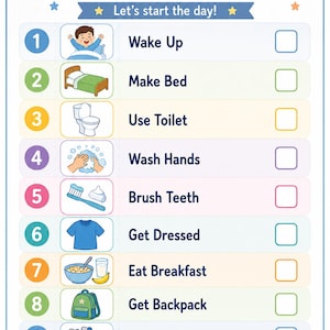 May include: A Morning Visual Schedule chart featuring ten numbered steps with colorful icons and text. The list includes Wake Up, Make Bed, Use Toilet, Wash Hands, Brush Teeth, Get Dressed, Eat Breakfast, Get Backpack, Put On Shoes, and Go To School.