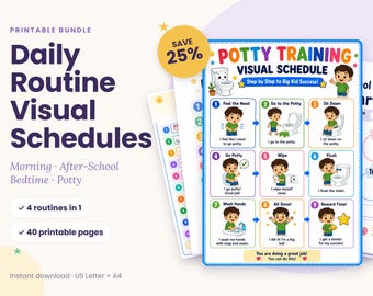 May include: A printable bundle of daily routine visual schedules including a potty training chart. The main page features nine numbered steps with colourful illustrations of a child performing tasks like using the toilet, washing hands, and flushing.