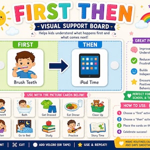 Könnte beinhalten: Ein First Then visuelles Unterstützungstafel-Design mit grün-blauem rechteckigem Layout und einem zentralen Pfeil. Es enthält eine Brush Teeth-Karte und eine iPad Time-Karte sowie zehn weitere Aktivitätskarten mit Aufgaben wie Hausaufgaben.