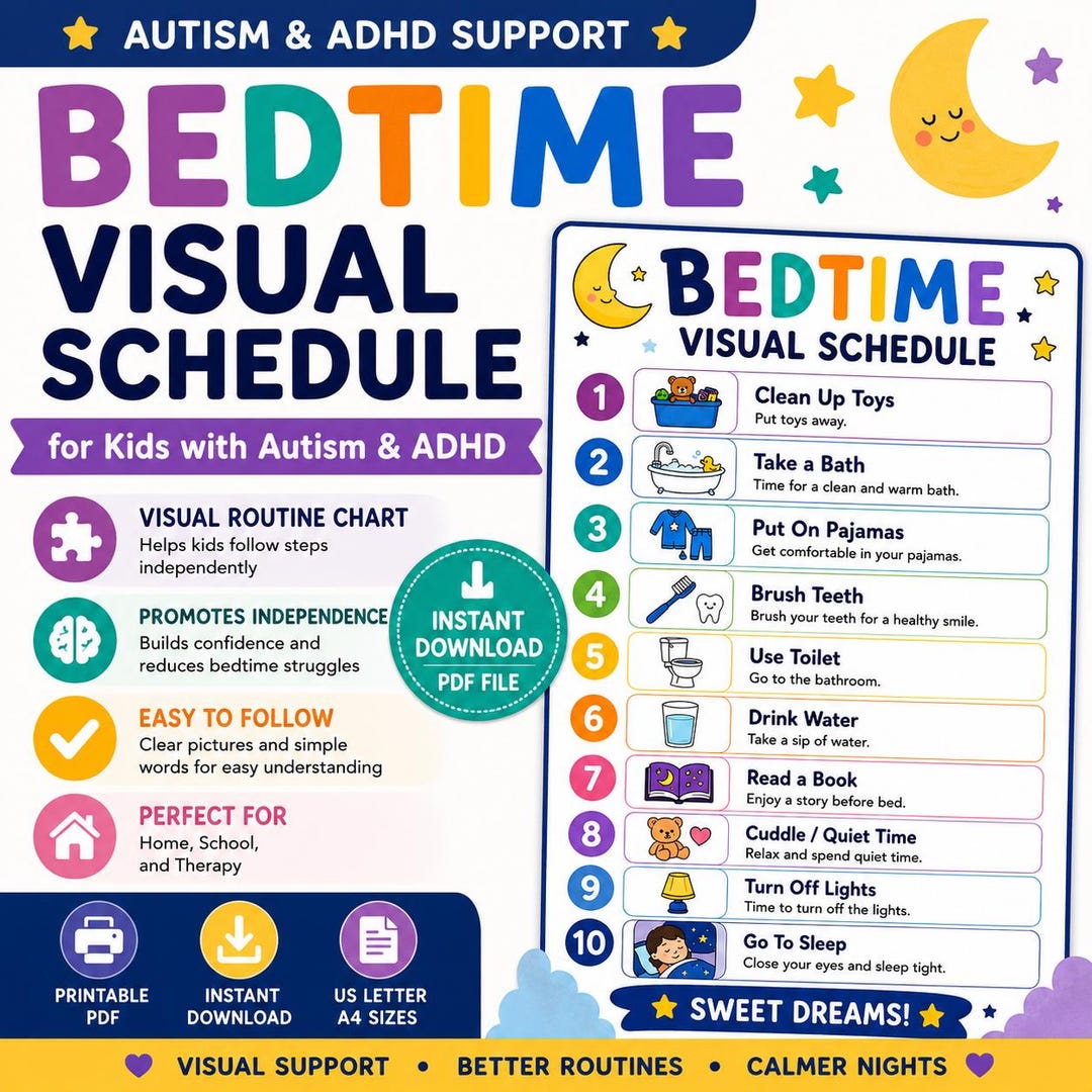 Bedtime Visual Schedule for Autism ADHD Kids | Routine Chart (instant ...