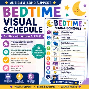 Op de afbeelding: Een kleurrijk visueel bedtijdschema voor kinderen met autisme en ADHD, met een genummerde lijst van 1 tot 10 met iconen voor taken zoals speelgoed opruimen, baden, tandenpoetsen en slapen, inclusief tekst, een gele maan en sterren.
