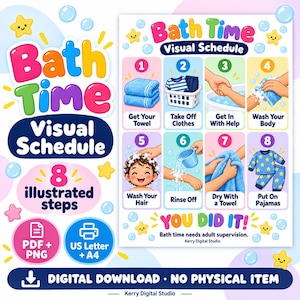 May include: A Bath Time Visual Schedule chart featuring eight illustrated steps for children. The colorful graphic includes numbered icons showing tasks like getting a towel, washing hair, and putting on pajamas, with the text You Did It at the bottom.