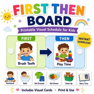 Pode incluir: Um quadro visual imprimível First Then Board para crianças com um design colorido que inclui um sol, um arco-íris e estrelas. O quadro inclui uma secção central para tarefas como lavar os dentes e brincar, além de cartões adicionais.
