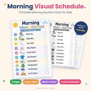 May include: A printable morning visual schedule chart for children featuring numbered steps from one to ten, including icons for tasks like wake up, make bed, use toilet, wash hands, brush teeth, get dressed, eat breakfast, get backpack, put on shoes, and go to school.