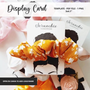 Cartão de exibição de scrunchie e modelo de etiqueta Design de coque de cabelo Cartão de exibição de laço de cabelo Arquivo PDF para impressão Download digital