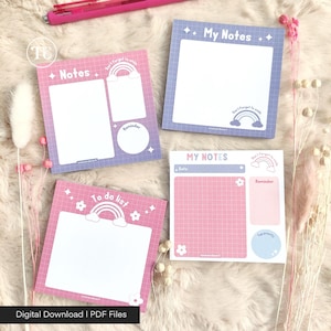 May include: Four printable digital notepads with a rainbow and cloud design. The notepads are in pink and purple with grid backgrounds. The notepads are labeled "Notes", "To do list", "My Notes", and "My Notes".