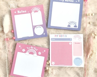 Puede incluir: Cuatro blocs de notas digitales imprimibles con un diseño de arcoíris y nubes. Los blocs de notas son de color rosa y morado con fondos de cuadrícula. Los blocs de notas están etiquetados como "Notes", "To do list", "My Notes" y "My Notes".