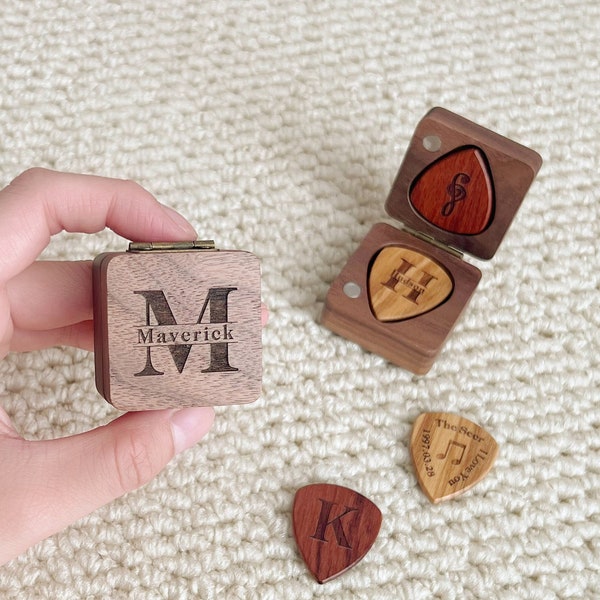 Valentine's Boyfriend Gift Personalized Wooden Guitar Picks Box, Custom Engraved Guitar Pick Box Organizer Music Gift