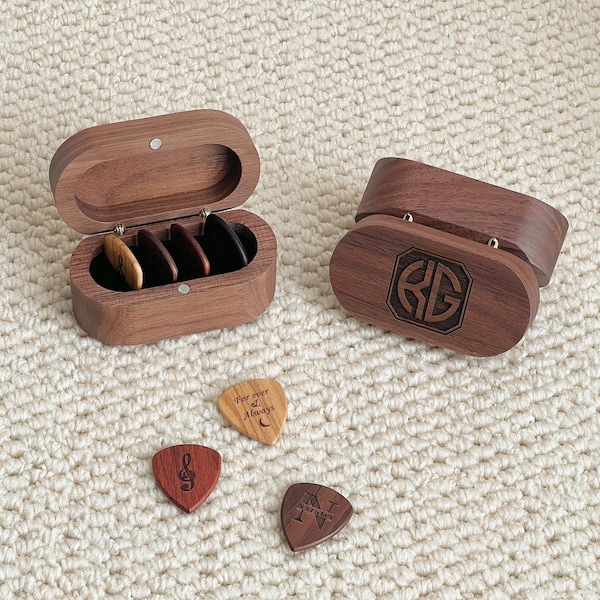 Personalized Wooden Guitar Picks with Case,  Boyfriend/Husband Valentines Day Gift, Custom Guitar Pick Kit, Holder Box for Picks