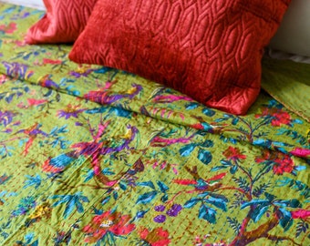 Hand Embroidered Green Kantha Bedspread