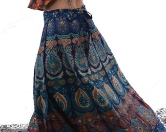 Handmade Indian Cotton Wrap Skirt, Printed Maxi Boho Skirt, Long Wrap Skirt, Bohemian Style