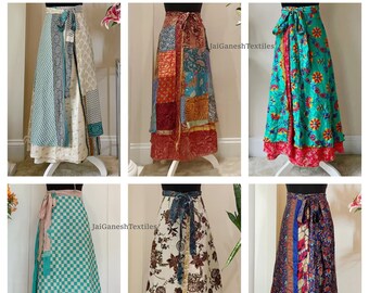 Wholesale Lot of Sari Silk Long Wrap Skirts Gypsy Magic Maxi Skirt Beach Wear Sarong Hippie Handmade Reversible Skirt Darn Good Yarn boho