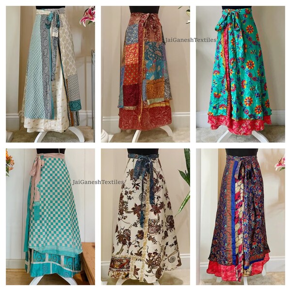 Wholesale Lot of Sari Silk Long Wrap Skirts Gypsy Magic Maxi Skirt Beach Wear Sarong Hippie Handmade Reversible Skirt Darn Good Yarn boho