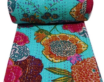 Indiase Hand Block Gele Jungle Print Kantha Quilt Sprei Beddengoed Plaveien Katoenen Deken