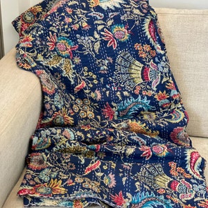 Navy Blue Bohemian Floral Cotton Kantha Quilt