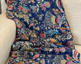 Courtepointe Kantha en coton à fleurs Boho bleu marine