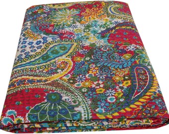 Boho Rouge Paisley Imprimer Couverture Double Taille Couvre-lit Hippie Quilt Réversible Couvre-lit Décoratif Boho Kantha Quilts