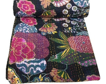 Couvre-lit indien fait main en coton kantha et imprimé floral Queen