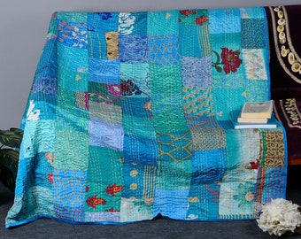 Blue Patchwork Kantha Quilt Queen Silk Sari Kantha Throw Blanket Kantha Bedspread Coverlet Kantha Bed Cover Boho Quilt