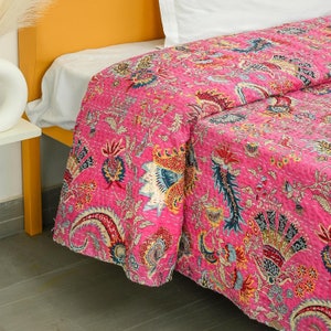 Indian Hand Stitched Pure Cotton Mukut Print Kantha Quilt Kantha Blanket Pink